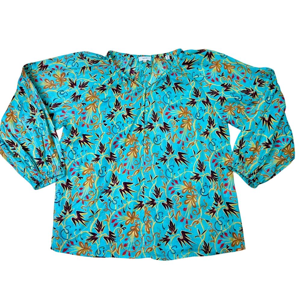ALC Tropical Cotton Blouse Balloon Sleeve Turquoise 12 Resort Vacation Cruise - Picture 3 of 16